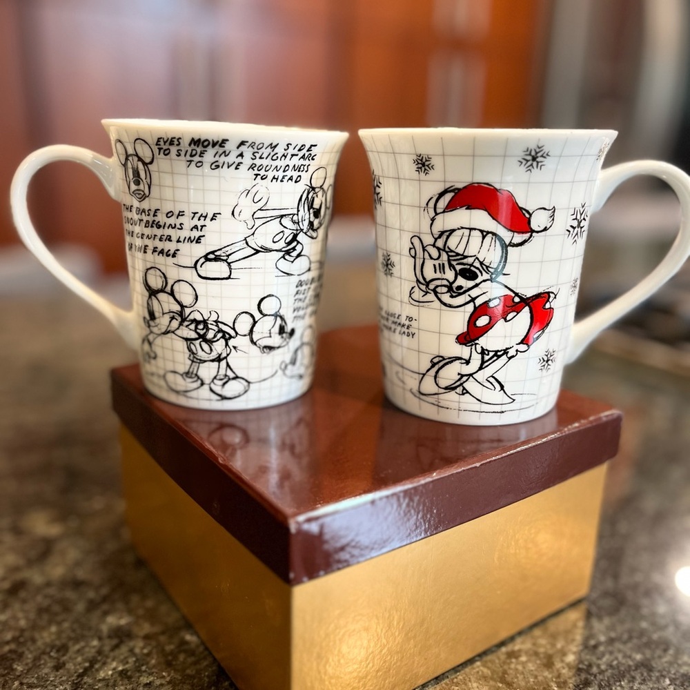 Disney Sketchbook Mugs Set Mickey & Minnie Mouse Ceramic Coffee Tea Cups New OBO